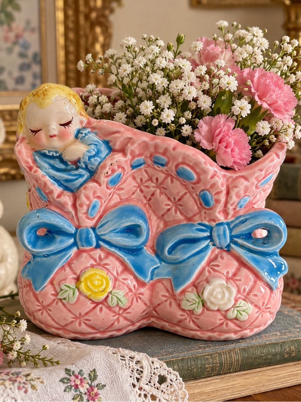 Vintage CGW Japan Baby Bassinet Planter Pink Blue Ceramic Nursery Decor